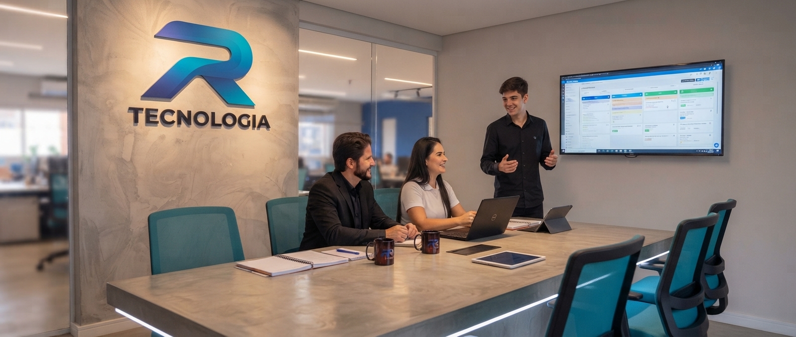 Equipe RTZ em reunião apresentando o CRM